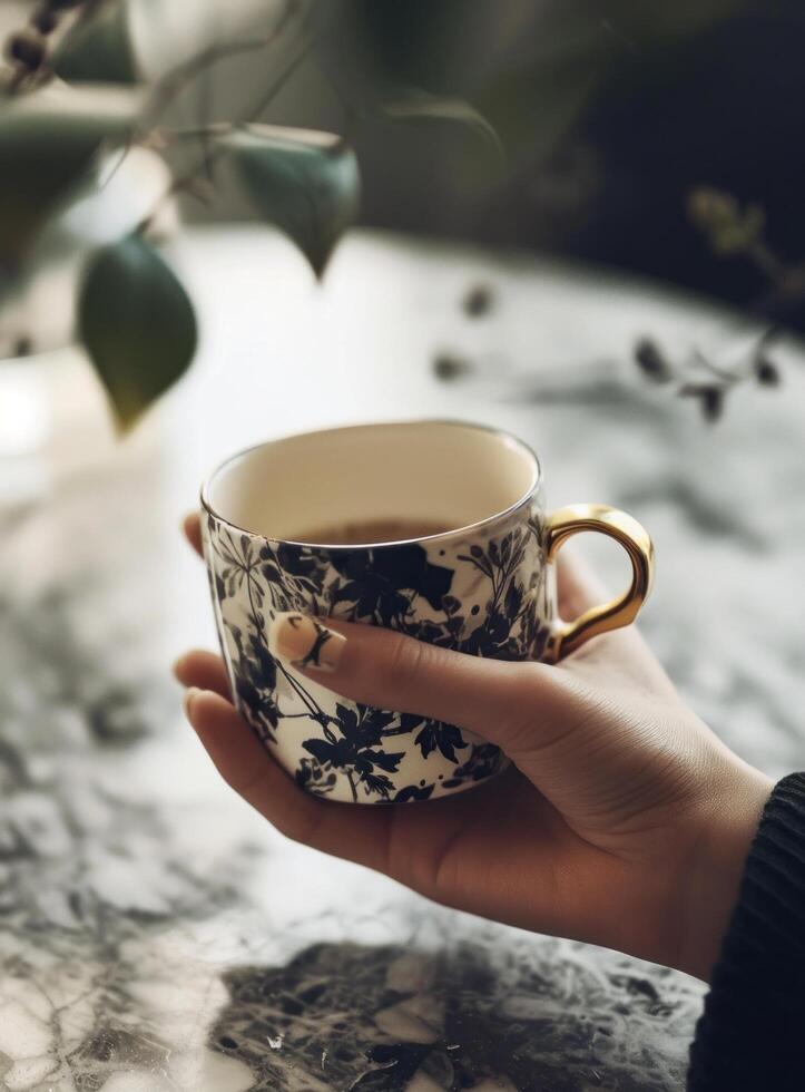 ai generado café taza con flor impresión de mujer participación en mano foto