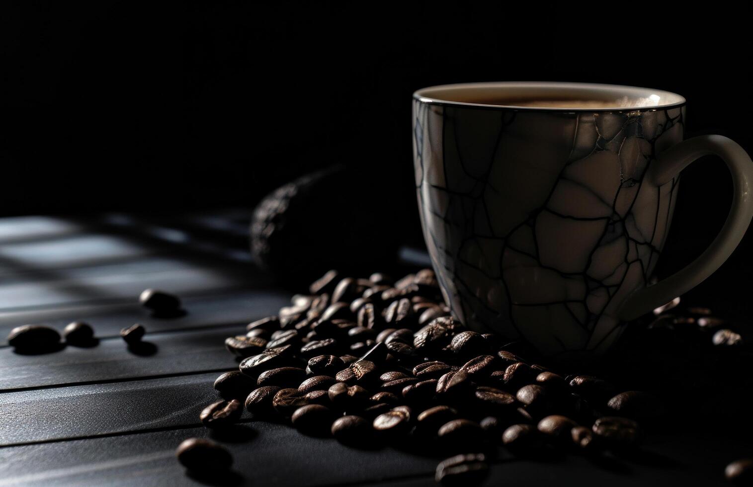 AI generated coffee mug and coffee beans on a black background photo