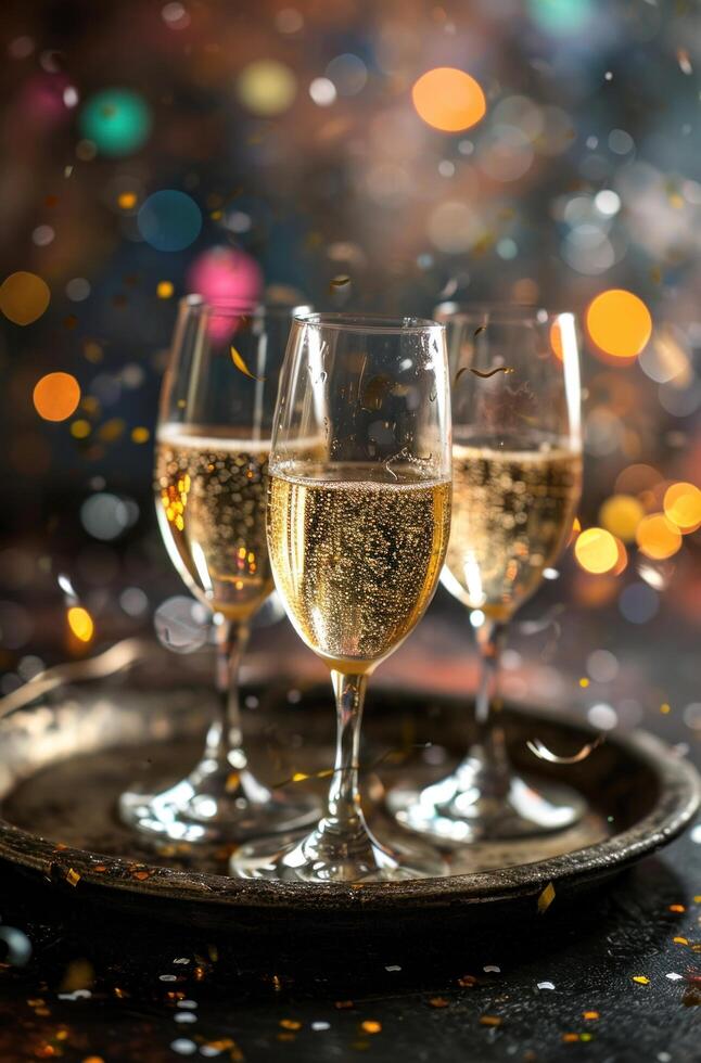 AI generated champagne and champagne glasses on tray with confetti falling at the background photo