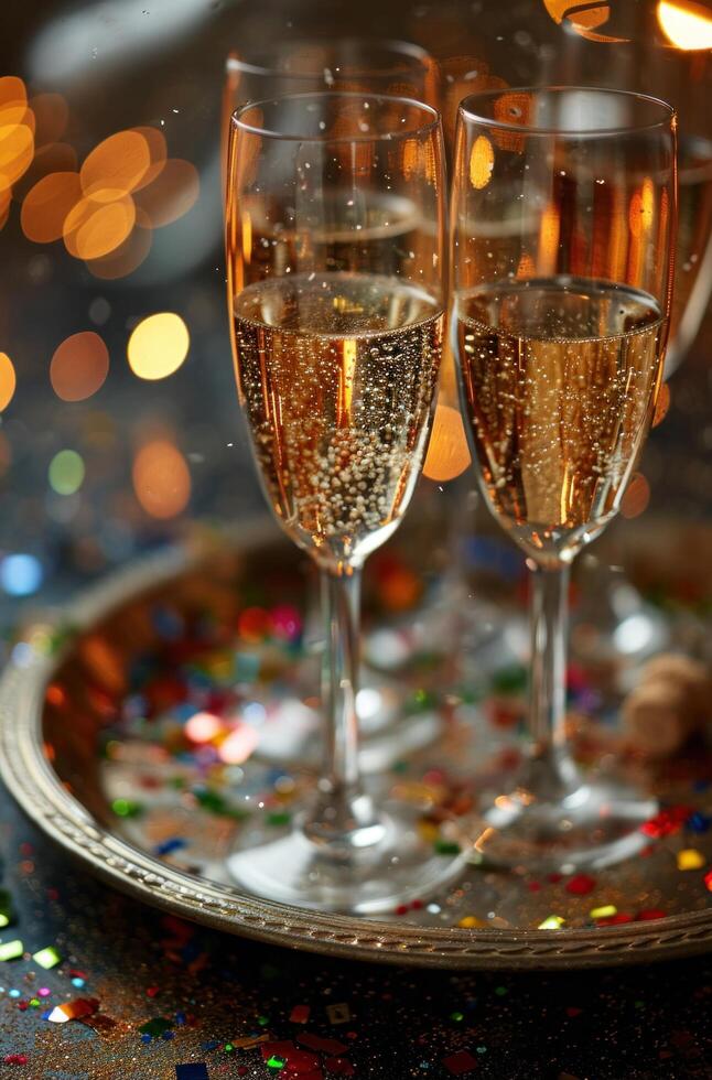 AI generated champagne and champagne glasses on tray with confetti falling at the background photo