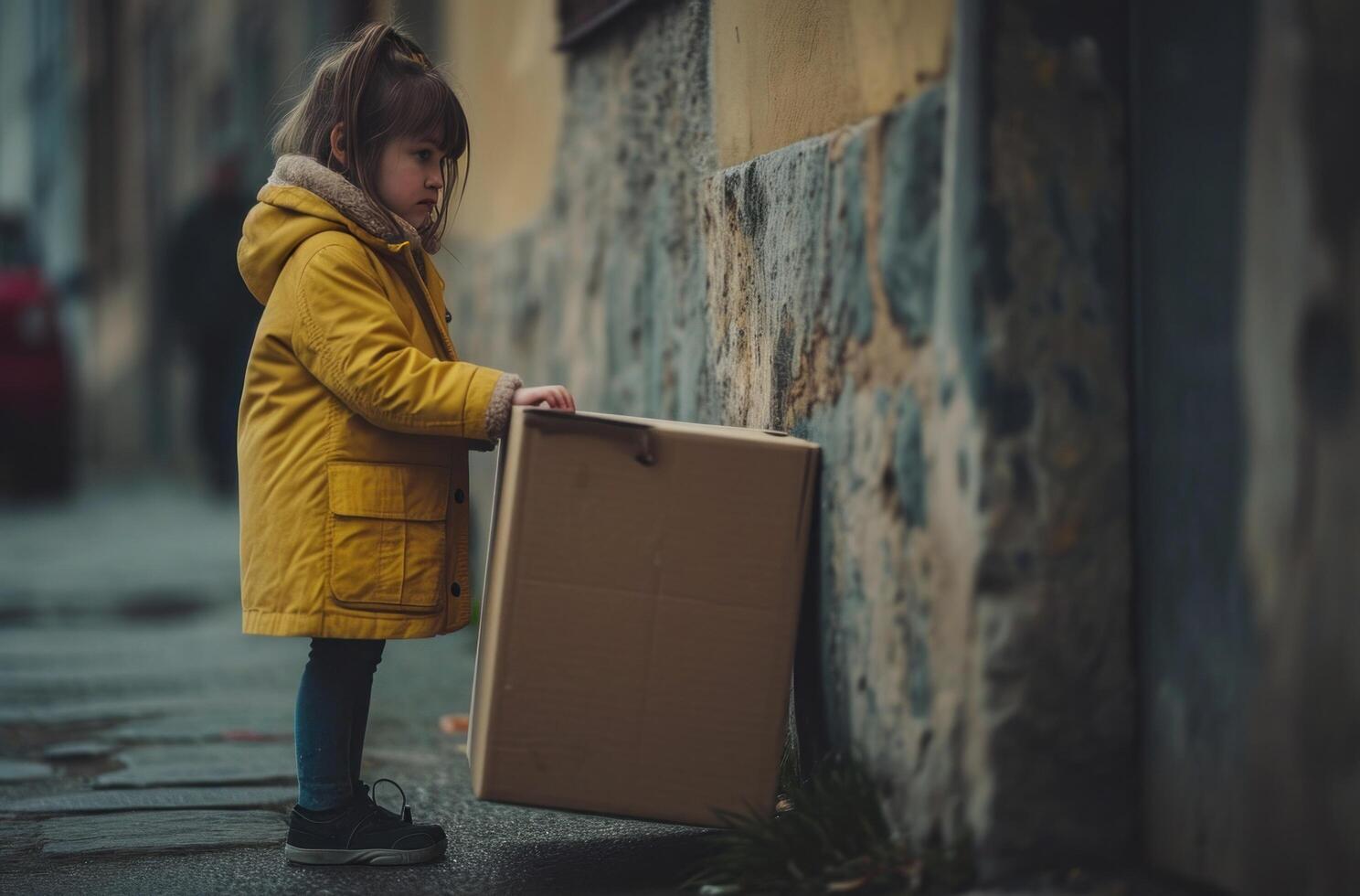 ai generado pequeño niña en pie siguiente a un marrón cartulina caja foto