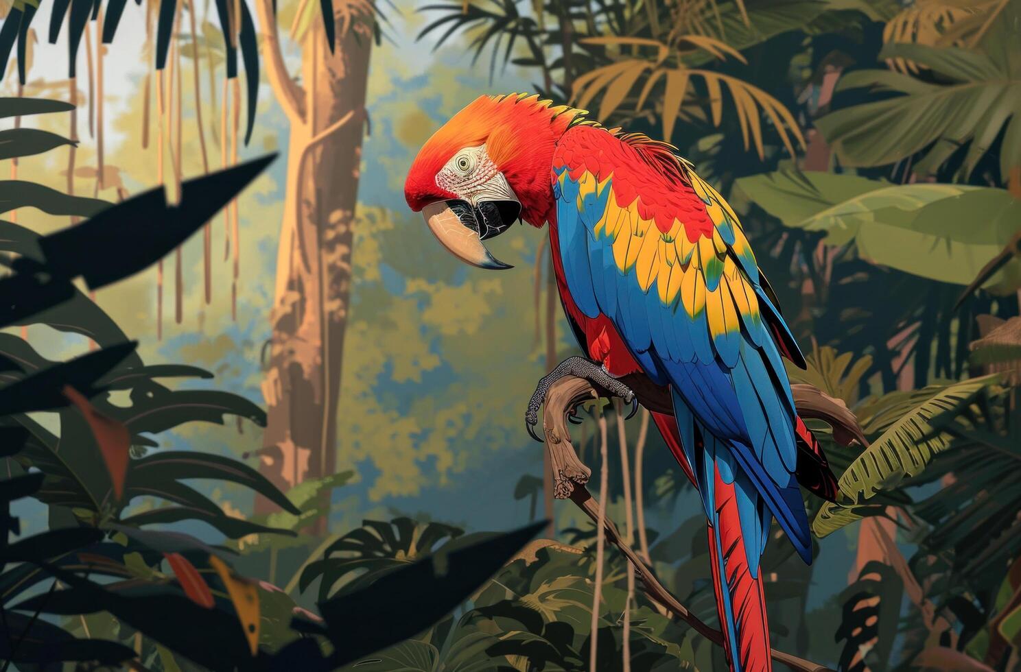 AI generated macaw in the wild garden, bold chromaticity photo