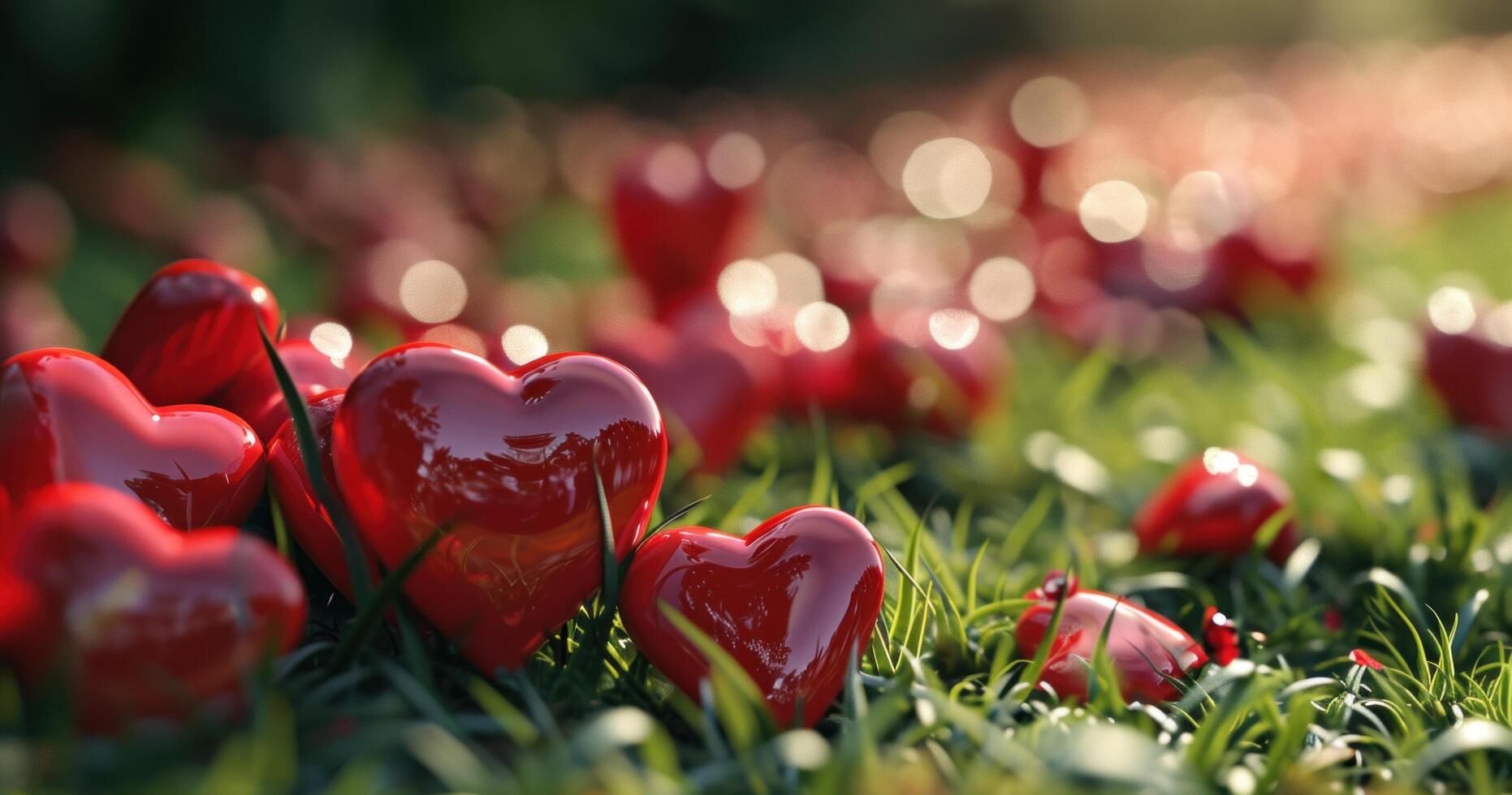 AI generated large group of red hearts on the lawn, light pink and red photo