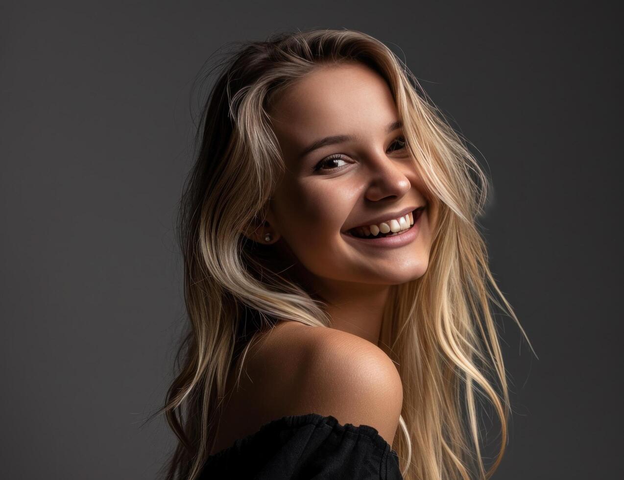 ai generado rubia niña posando, sonriente a cámara mientras sonriente en gris antecedentes foto