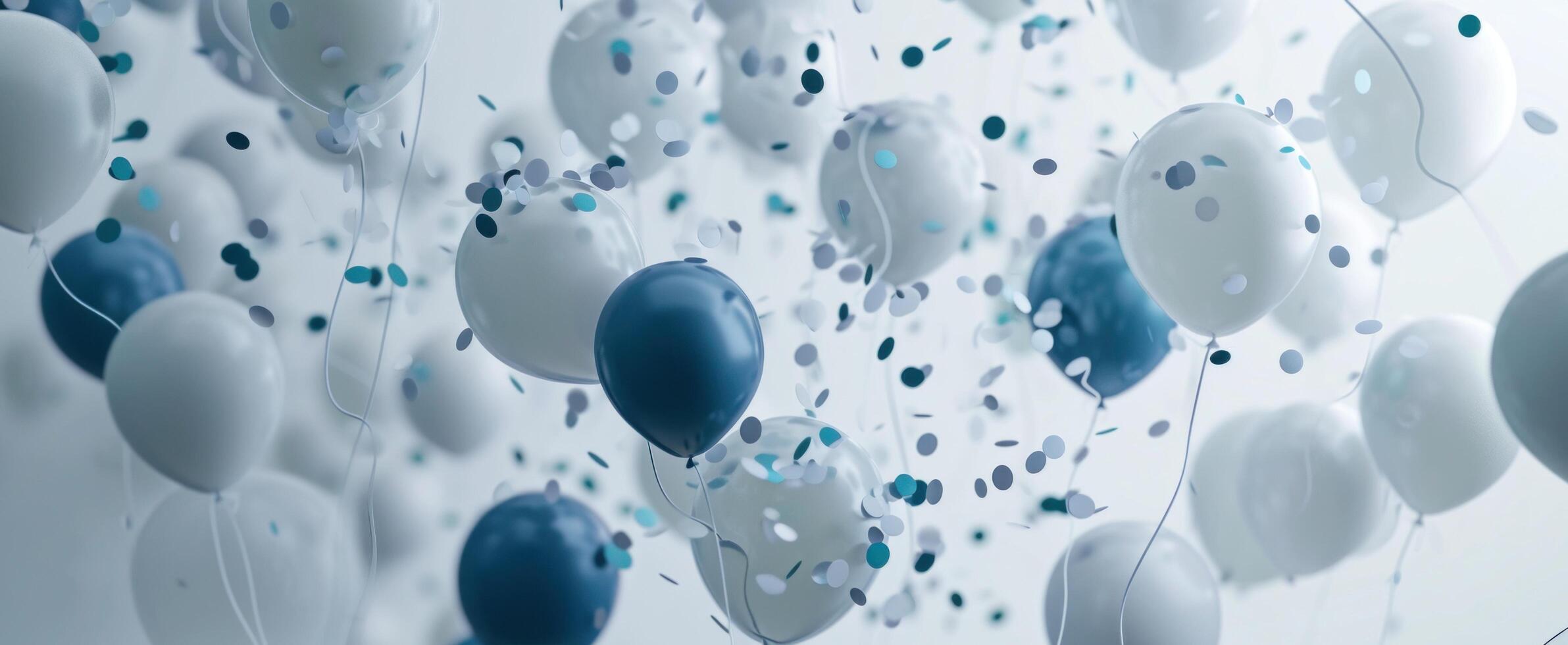 AI generated balloons on a white background and blue and white confetti photo