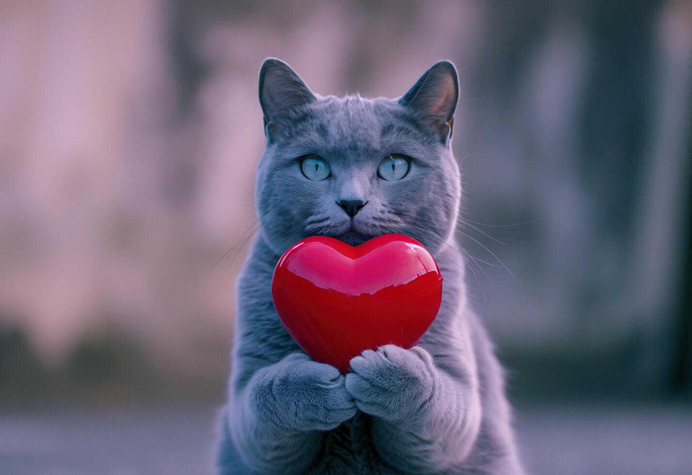 AI generated grey cat holding a red heart photo