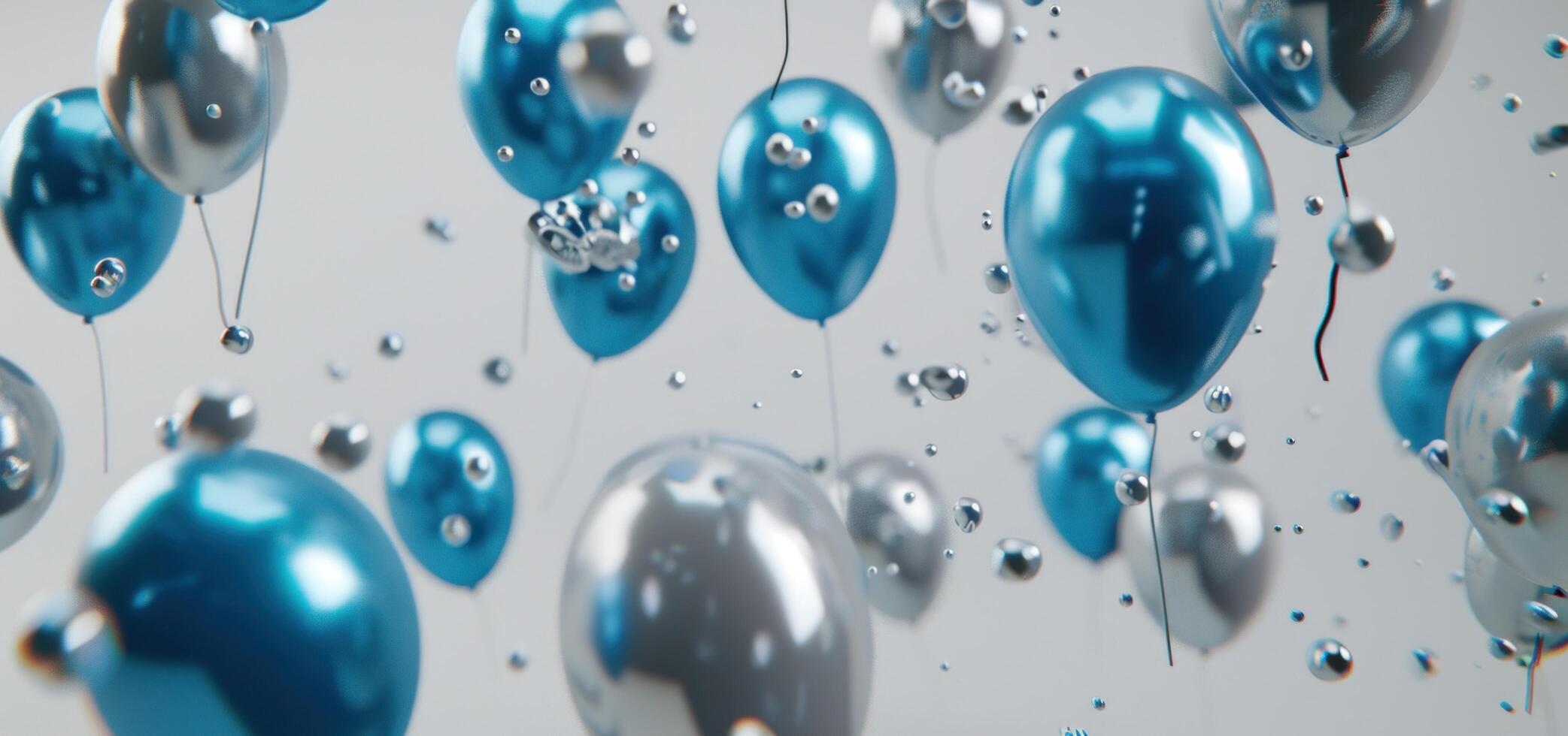 AI generated blue and silver balloons falling off a white background photo