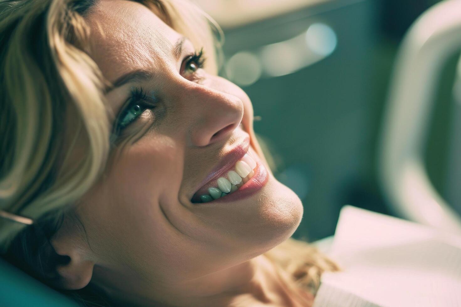 ai generado lleno de sonrisa mujer mirando a el dentista foto