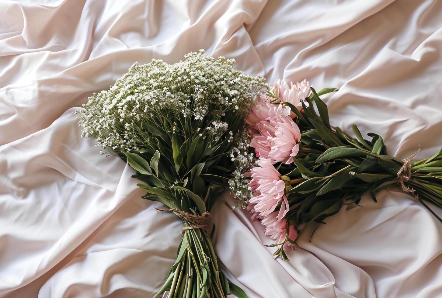 AI generated man and women sitting on couch and holding flowers photo