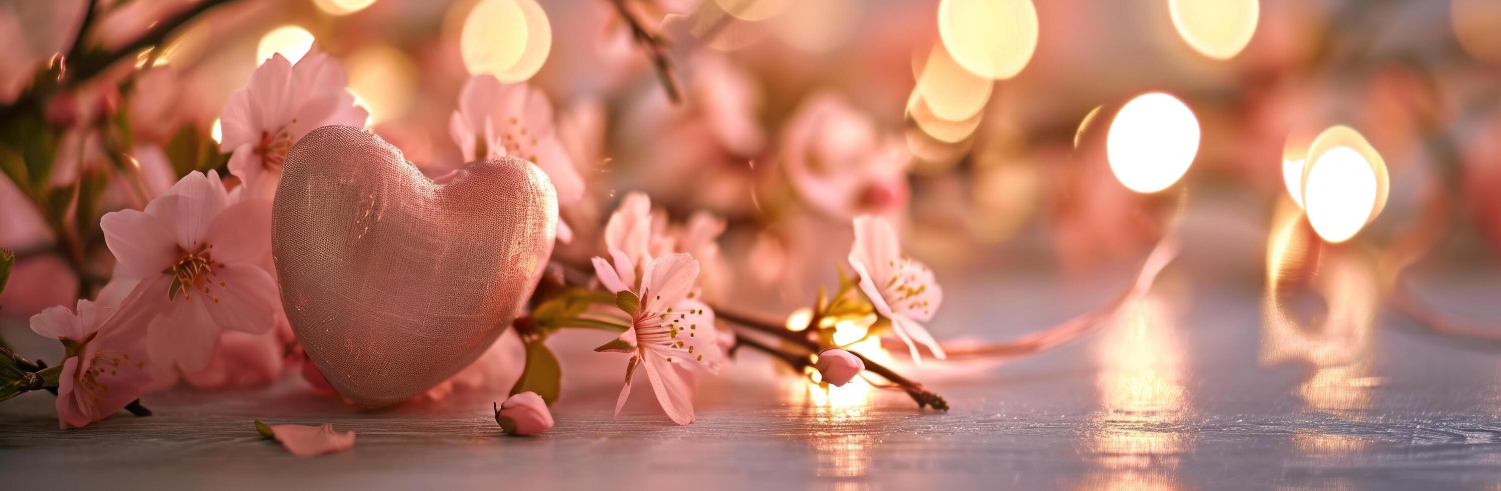 AI generated pink heart on the table with pink flowers photo