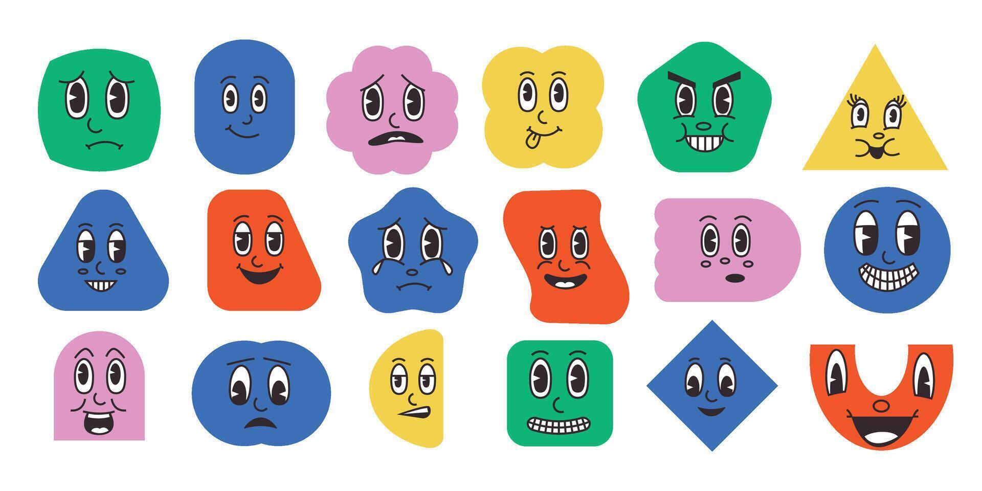 Abstract shapes with faces. Cartoon clip art mascot characters with funny retro smiley faces. Vector comic forms