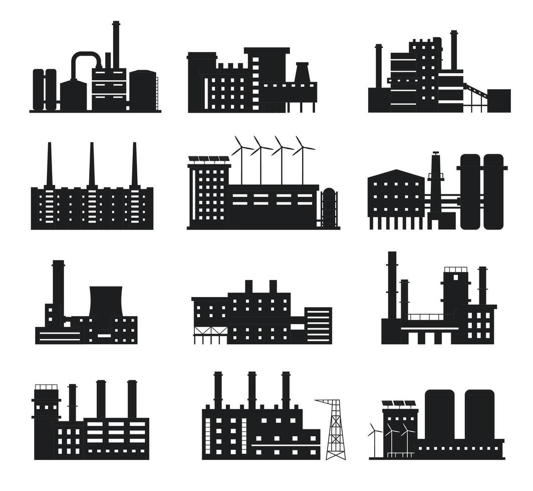 fábrica silueta. industrial edificio iconos fabricar planta y poder estación con chimeneas, molinos de viento y solar paneles logo vector conjunto