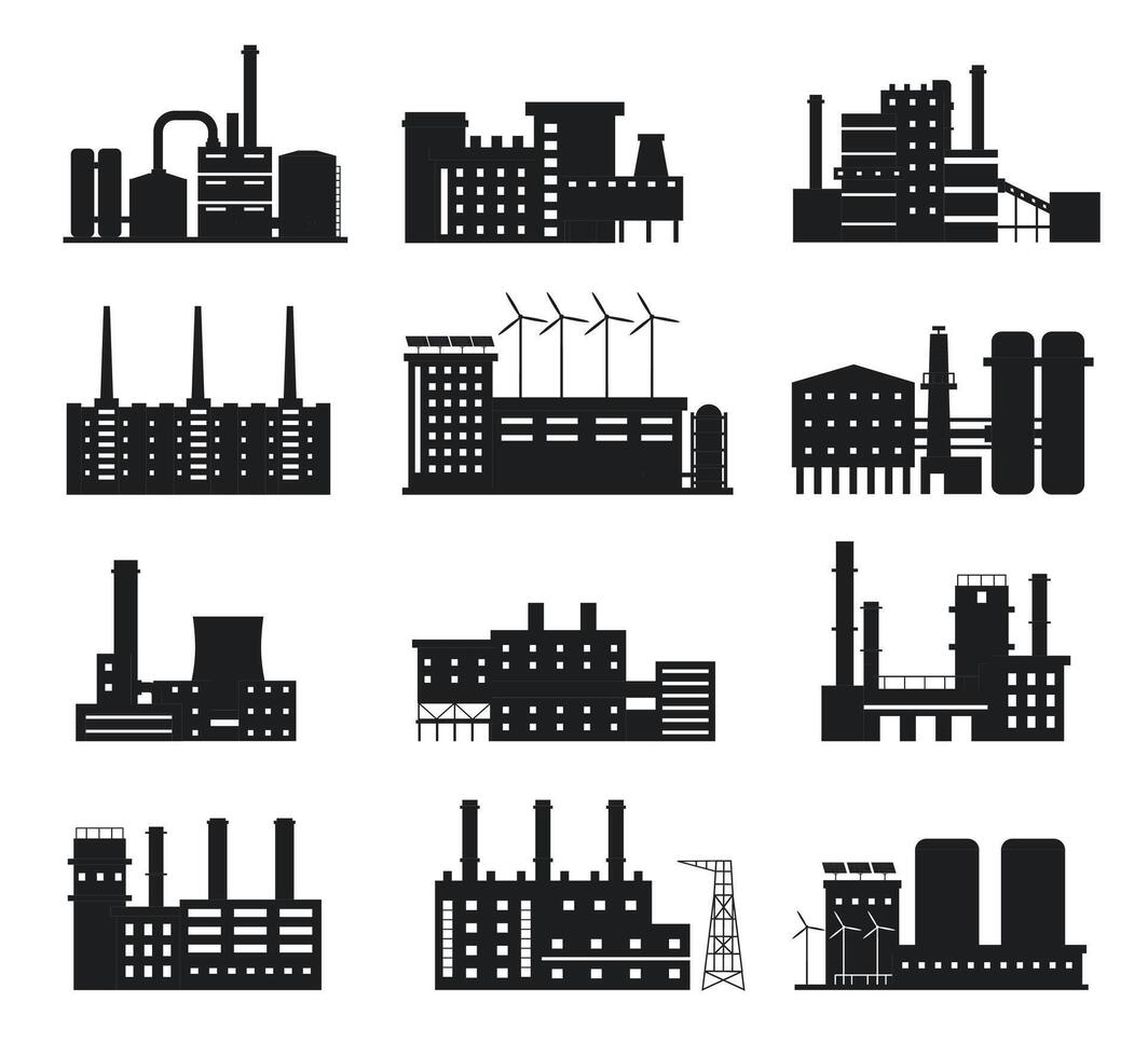 Factory silhouette. Industrial building icons. Manufacture plant and power station with chimneys, windmills and solar panels logo vector set