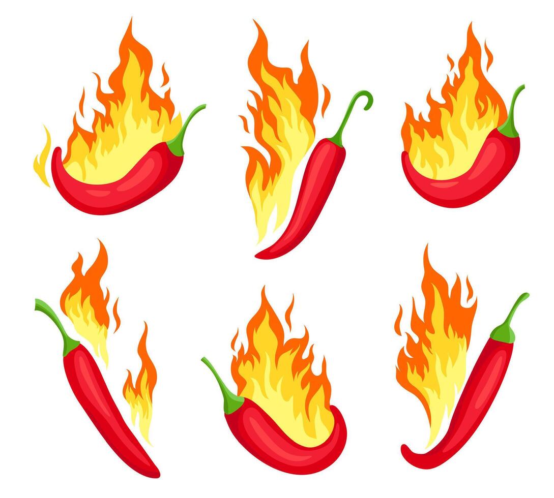 chile en fuego. dibujos animados caliente rojo pimientos con llamas picante comida icono, emblema para mexicano salsa o restaurante. chile pimienta etiqueta vector conjunto