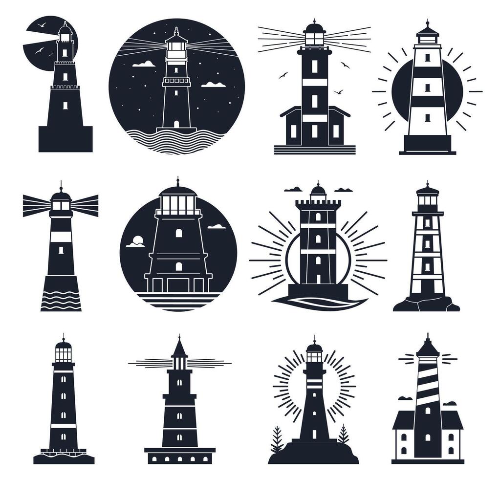 Lighthouses logo. Nautical vintage label, sea beacons, ocean with waves and seagulls. Night lighthouse tower, navigation building vector set