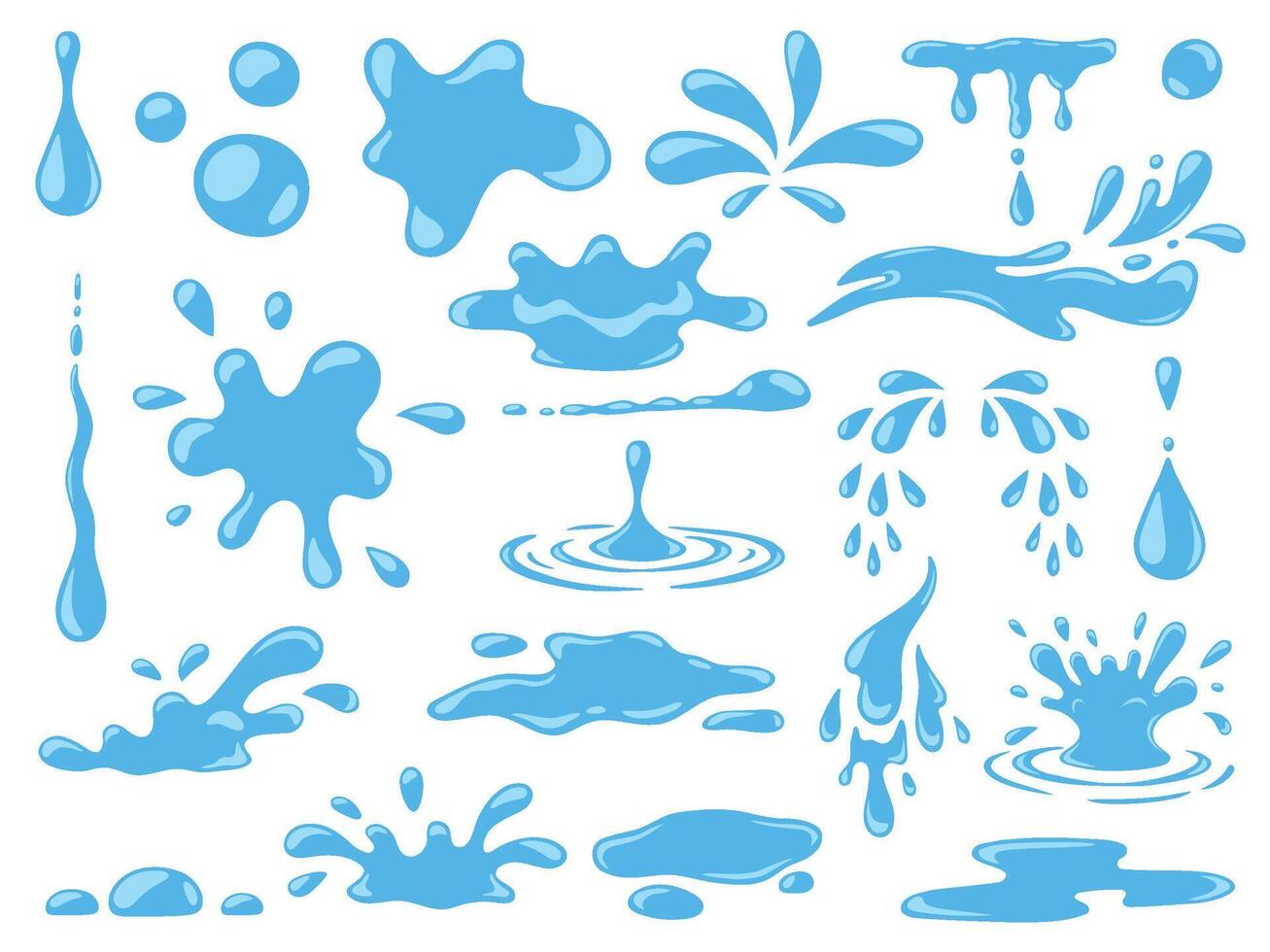 Cartoon blue dripping water drops, splashes, sprays and tears. Liquid flow, wave, stream and puddles. Nature water motion shapes vector set