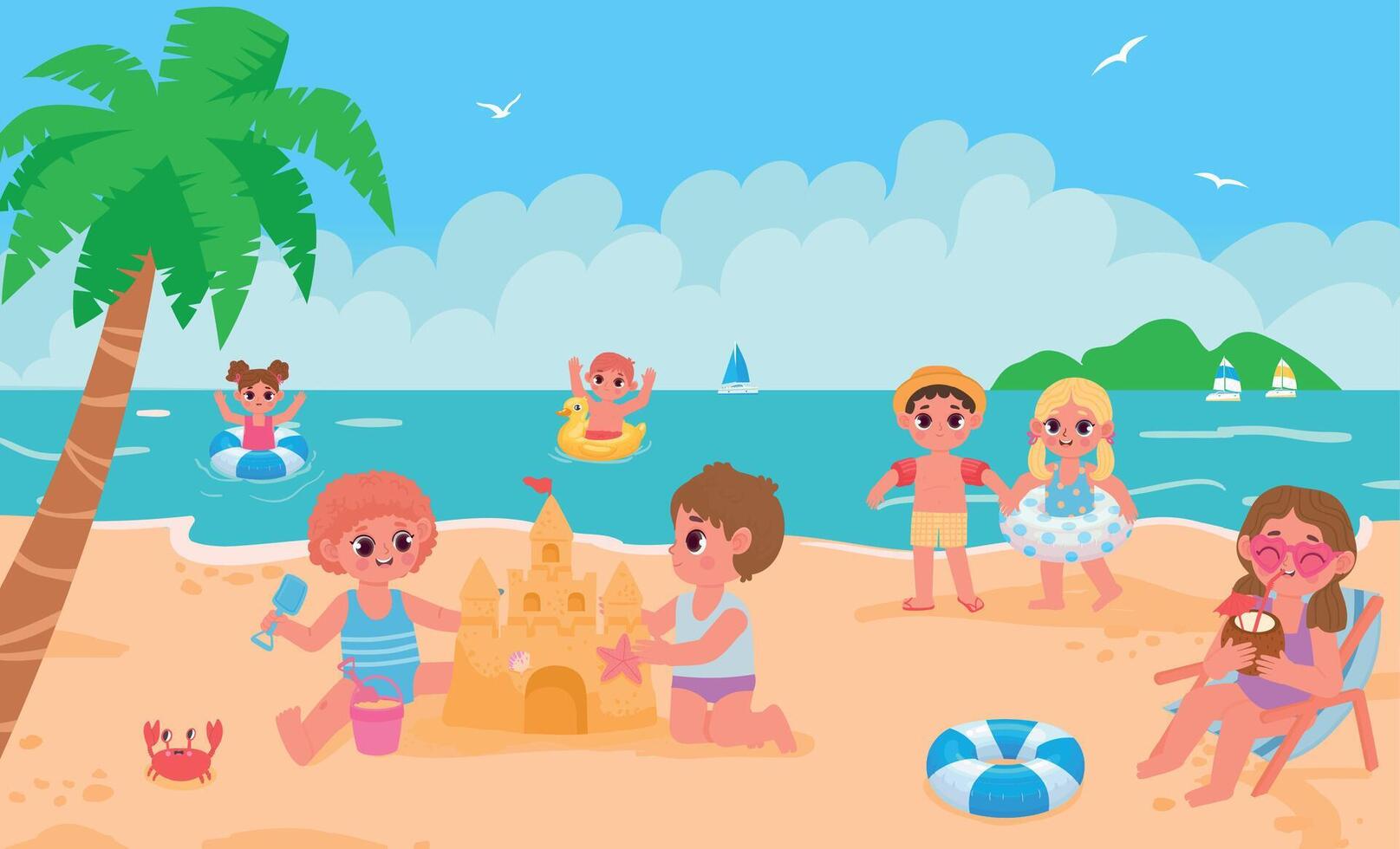 Summer beach landscape with kids playing toys vector