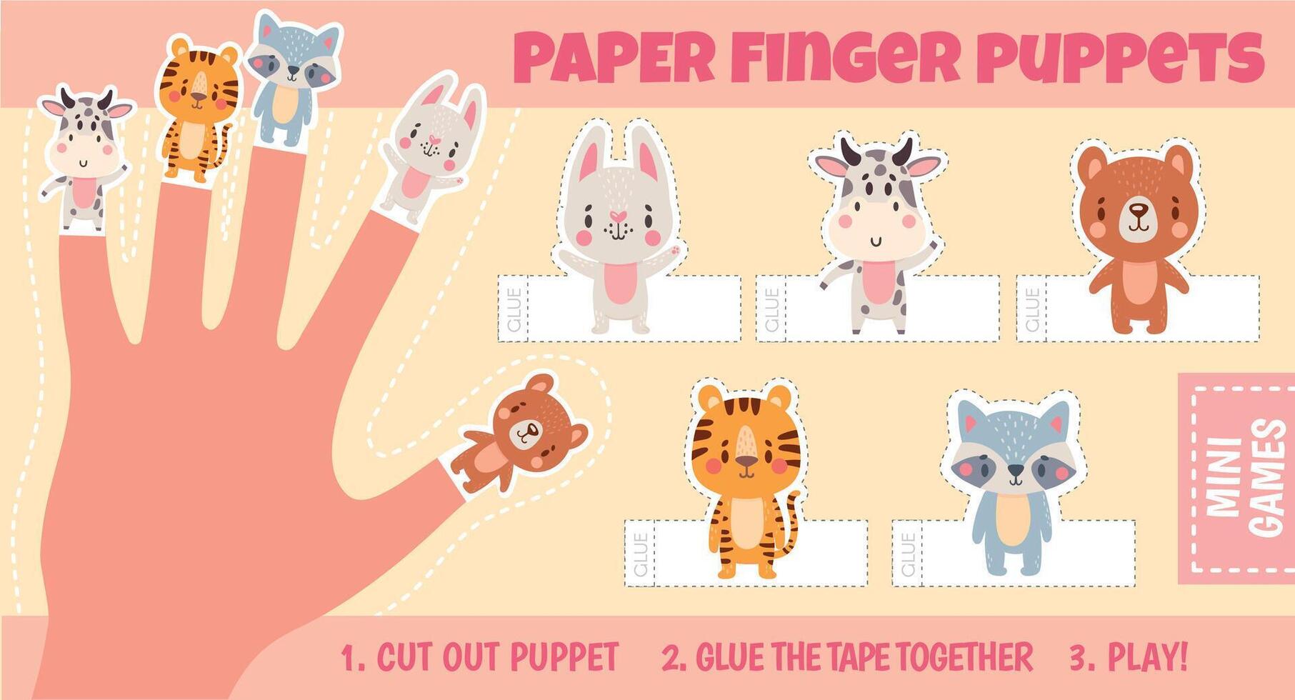 Paper animal finger puppets worksheets for kids hand. Handmade theatre activity. Children cut craft page with cartoon dolls vector template