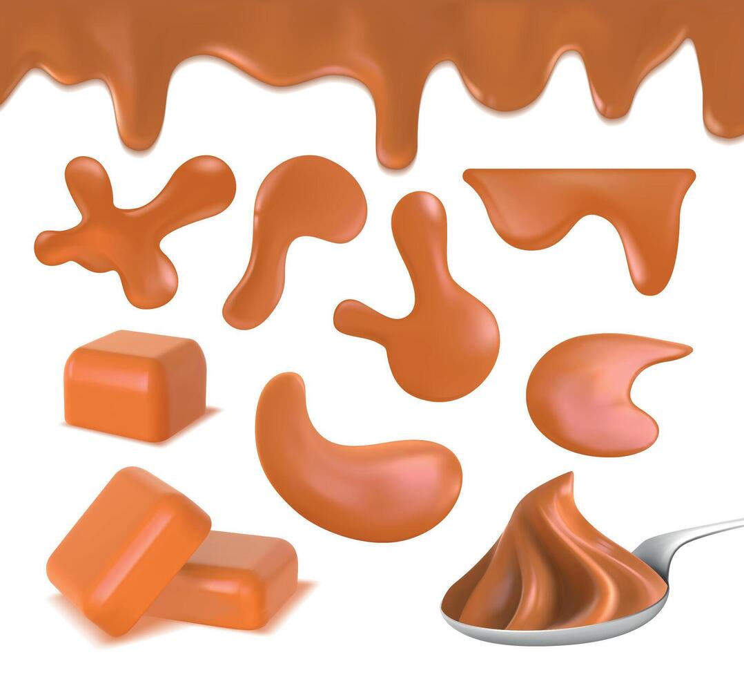 Realistic toffee melted caramel border, puddles and candy. Peanut butter on spoon, dripping milk caramel cream, drops and swirl vector set