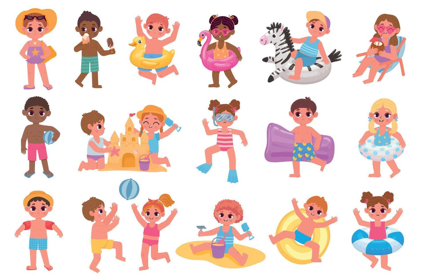 dibujos animados niños a verano playa, jugar con pelota vector