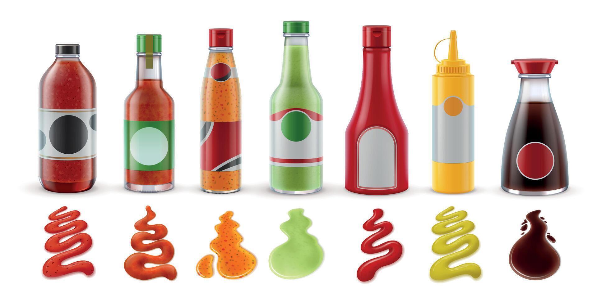 Realistic sauces in bottles. Hot chili, tomato ketchup, guacamole, mustard and soy sauce in glass packaging and condiment splash vector set