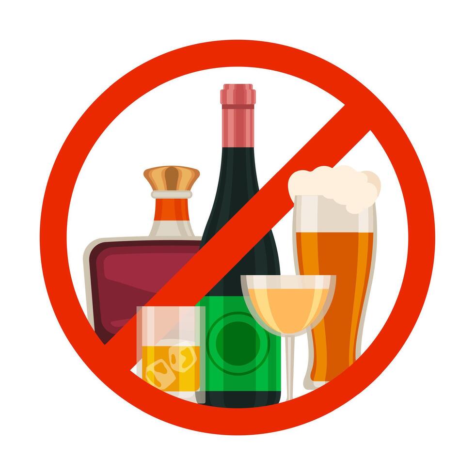 No alcohol icon. Alcoholic drink prohibition sign with cartoon beer glass, wine and whiskey bottle in red circle. Ban beverage vector symbol