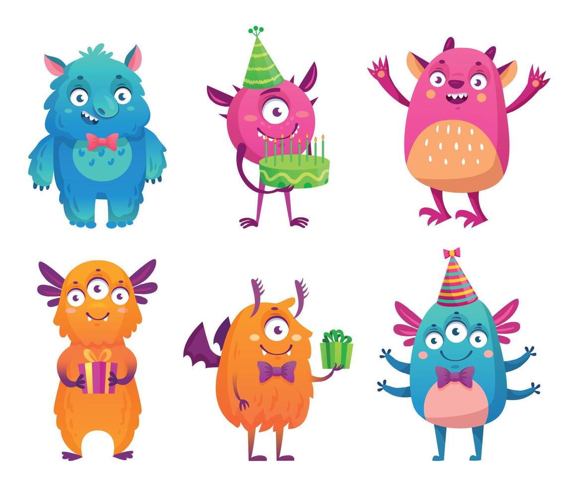 Cartoon party monsters celebrating happy event. Cute fluffy characters with friendly smiles holding birthday cake vector
