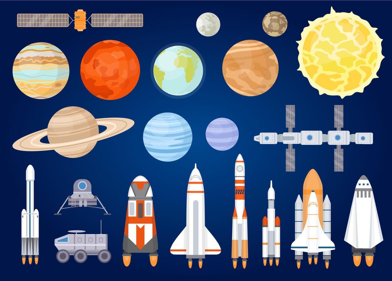 Space elements. Solar system planets, sun, spaceship, rocket, satellites, mars and moon rover. Universe exploring. Cartoon cosmic vector set