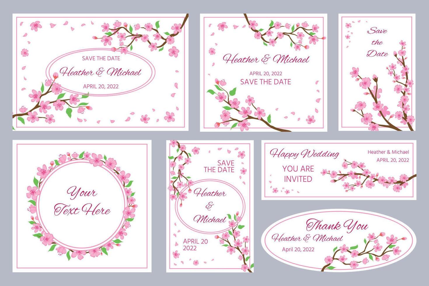 Boda invitaciones y saludo tarjetas con sakura florecer flores Japón Cereza árbol ramas y rosado pétalos marcos y fronteras vector conjunto