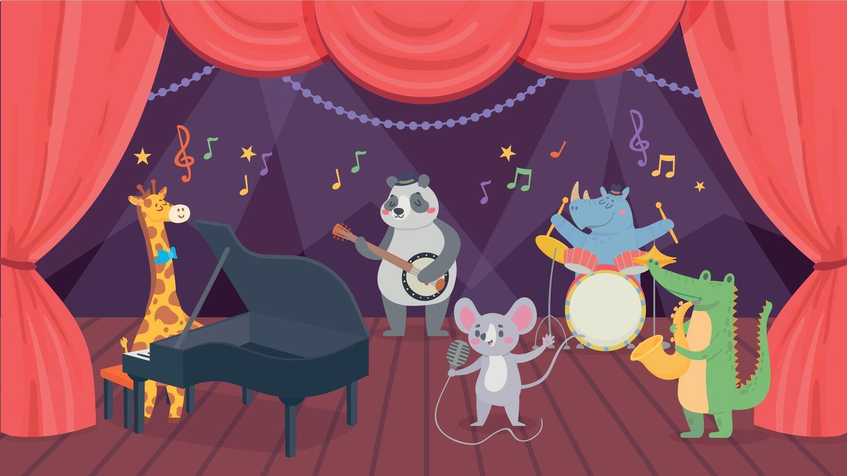 Animal musicians characters on theatre stage. Giraffe, rhino, crocodile and panda playing piano, drums and saxophone vector