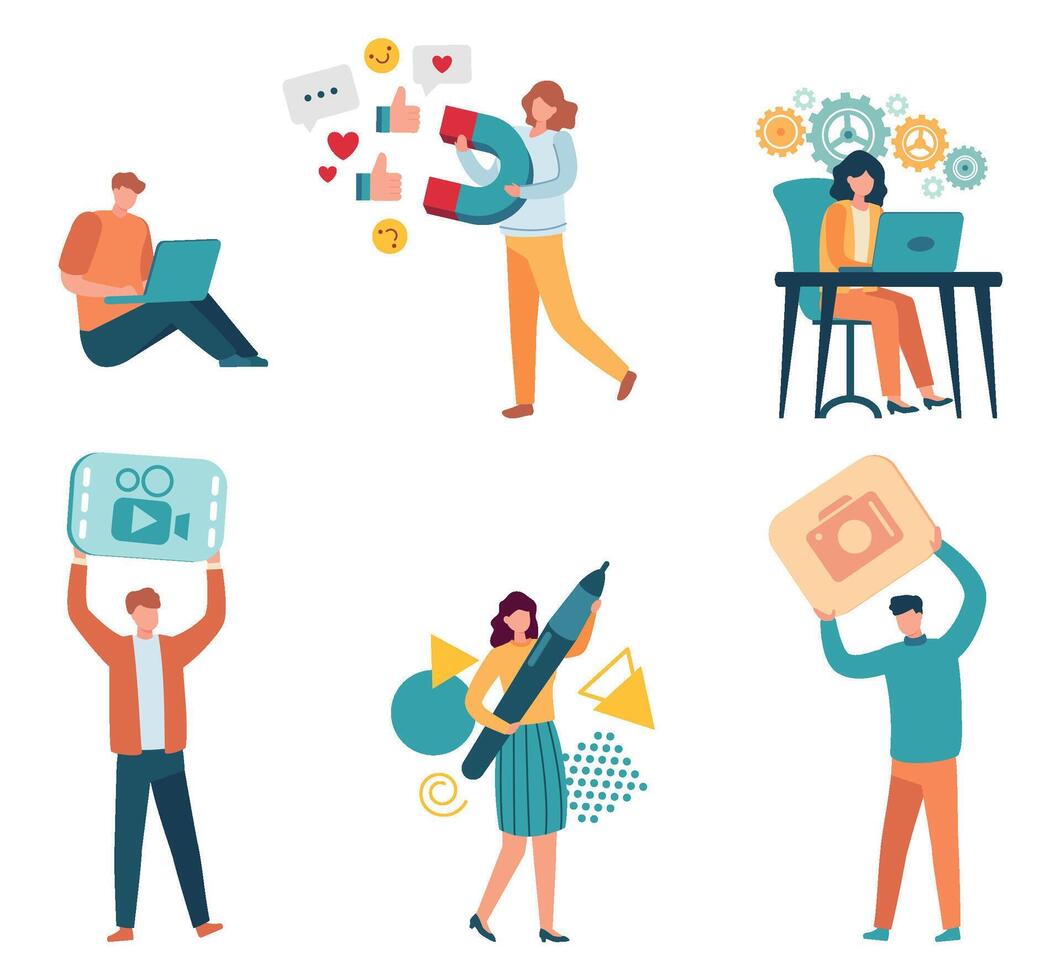 Programmers, developers and designers. IT specialists working on laptop, writing code, making video and photo content vector