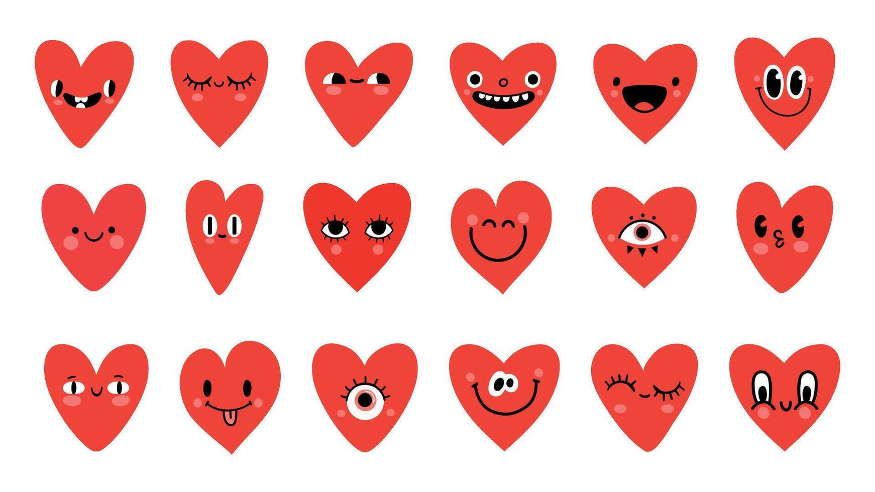 Cartoon red heart characters with funny faces emoticon. Valentine day symbol. Cute romantic hearts with eyes for logo or sticker vector set