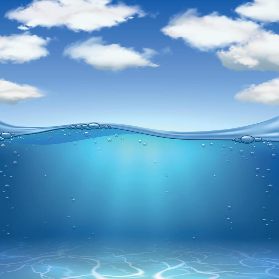 Sea waves and bottom. Realistic ocean underwater sand, water with air bubbles and blue sky with clouds. Marine landscape vector background