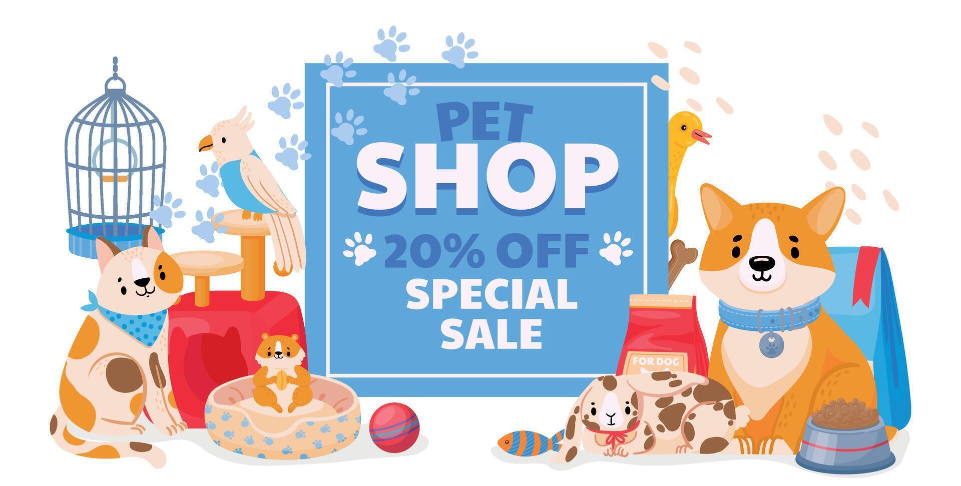 Pet shop sale banner with domestic animals, dog and cat. Zoo store flyer or discount coupon on accessories, toys and supplies vector concept