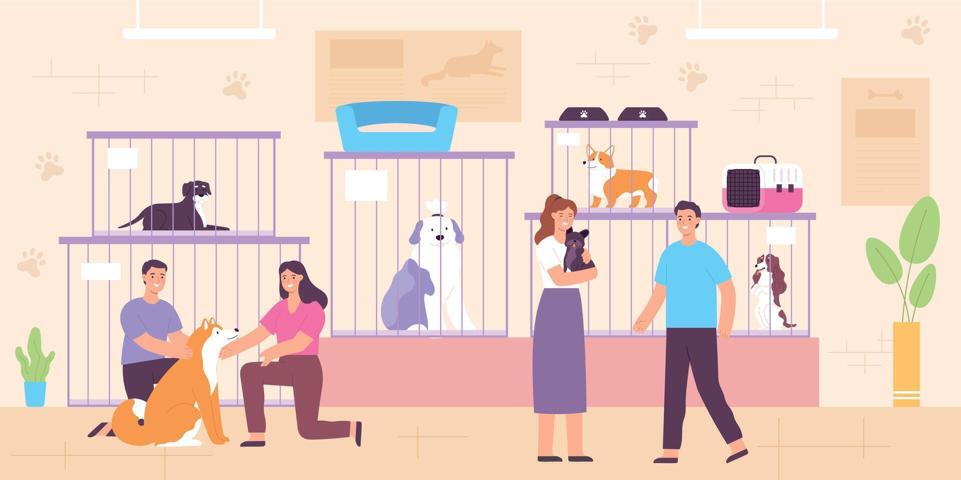 Flat happy people adopting homeless dogs from shelter. Pet shop or adoption center interior with cell cages, dogs and owners vector concept