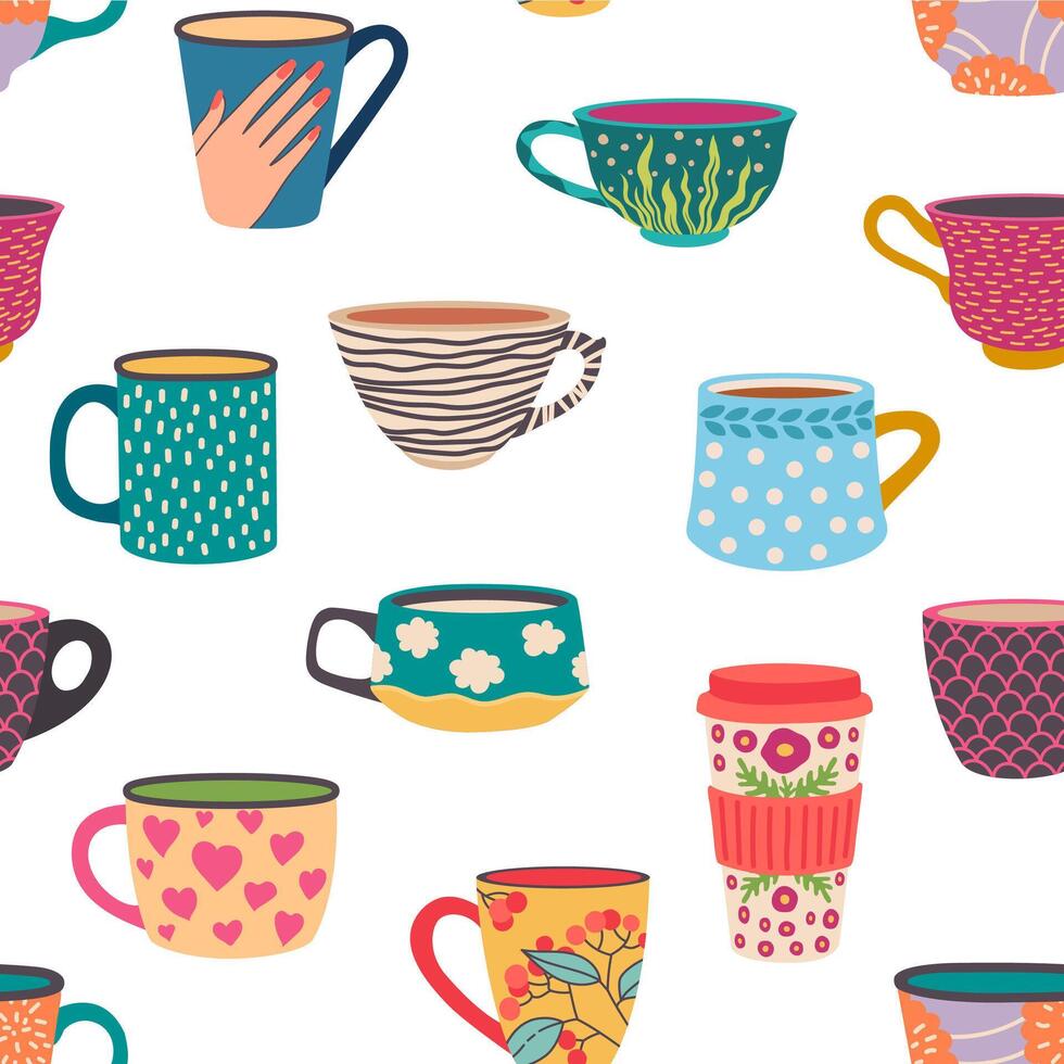 Coffee mug seamless pattern. Trendy hand drawn tea cups with ornaments and flowers. Cozy cafe hot drinks in mugs wallpaper vector texture