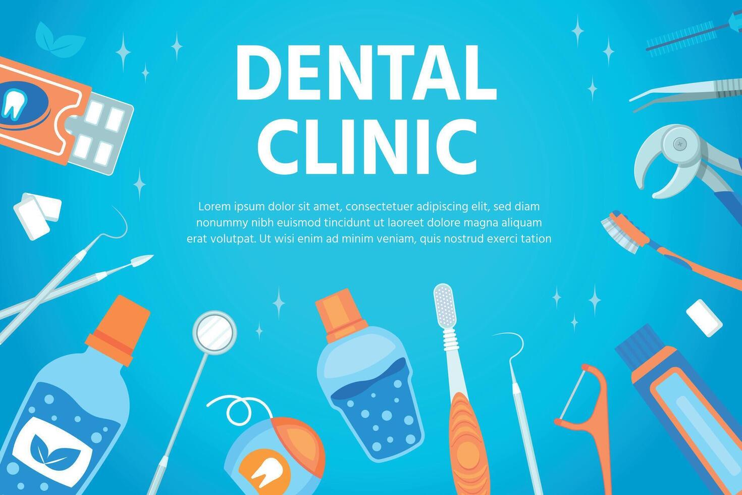Dental clinic poster with stomatological and teeth hygiene tools. Flat banner for dentist cabinet with professional instrument vector design