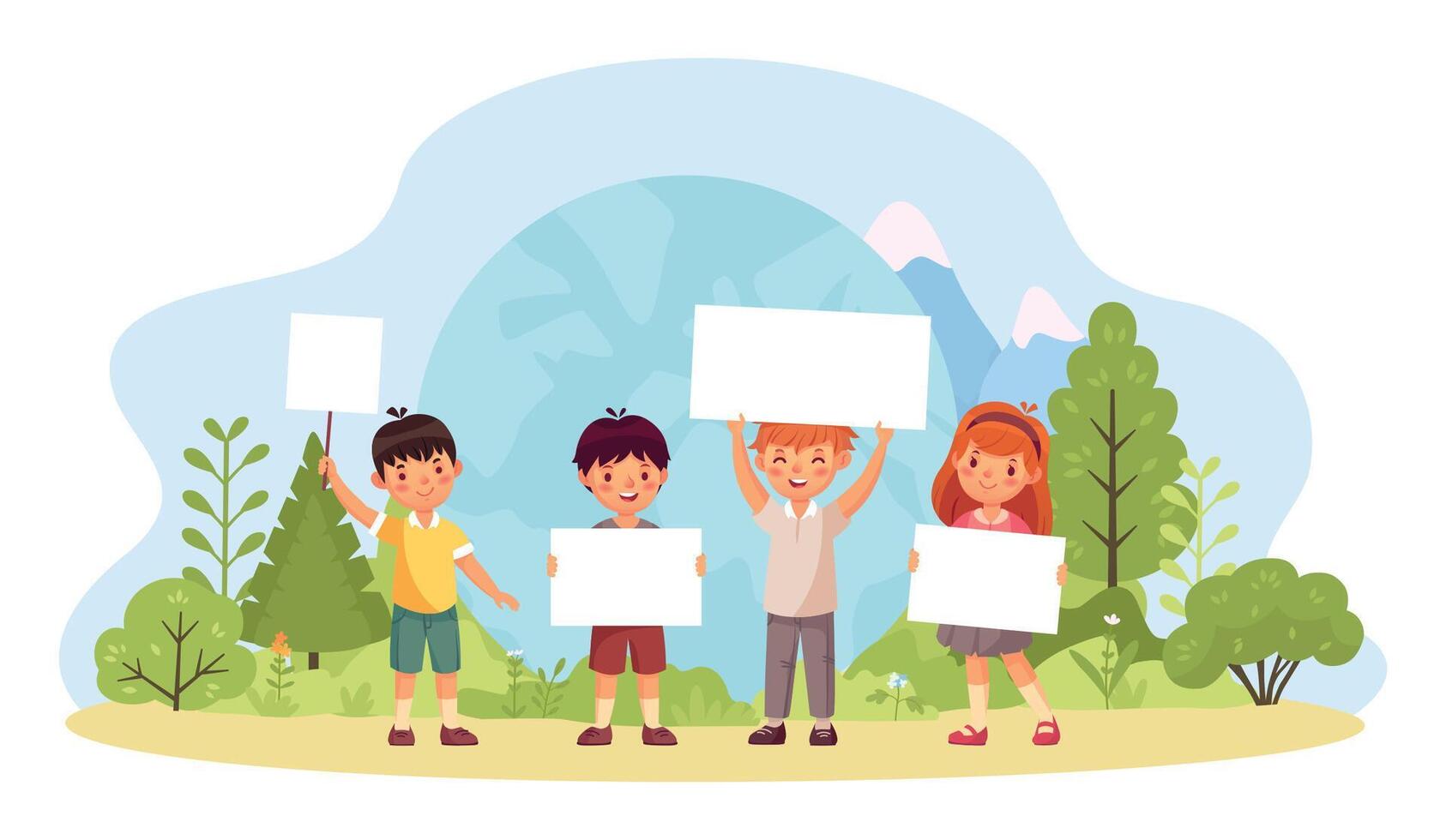 Kids with save planet banners in green forest vector