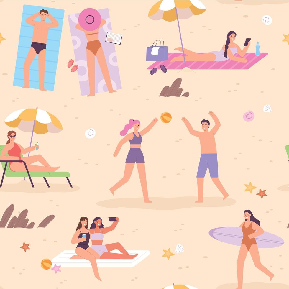Flat people on summer vacation at beach seamless pattern. Women surfer, relax on a sun lounger, sunbathe, playing and do selfie vector print