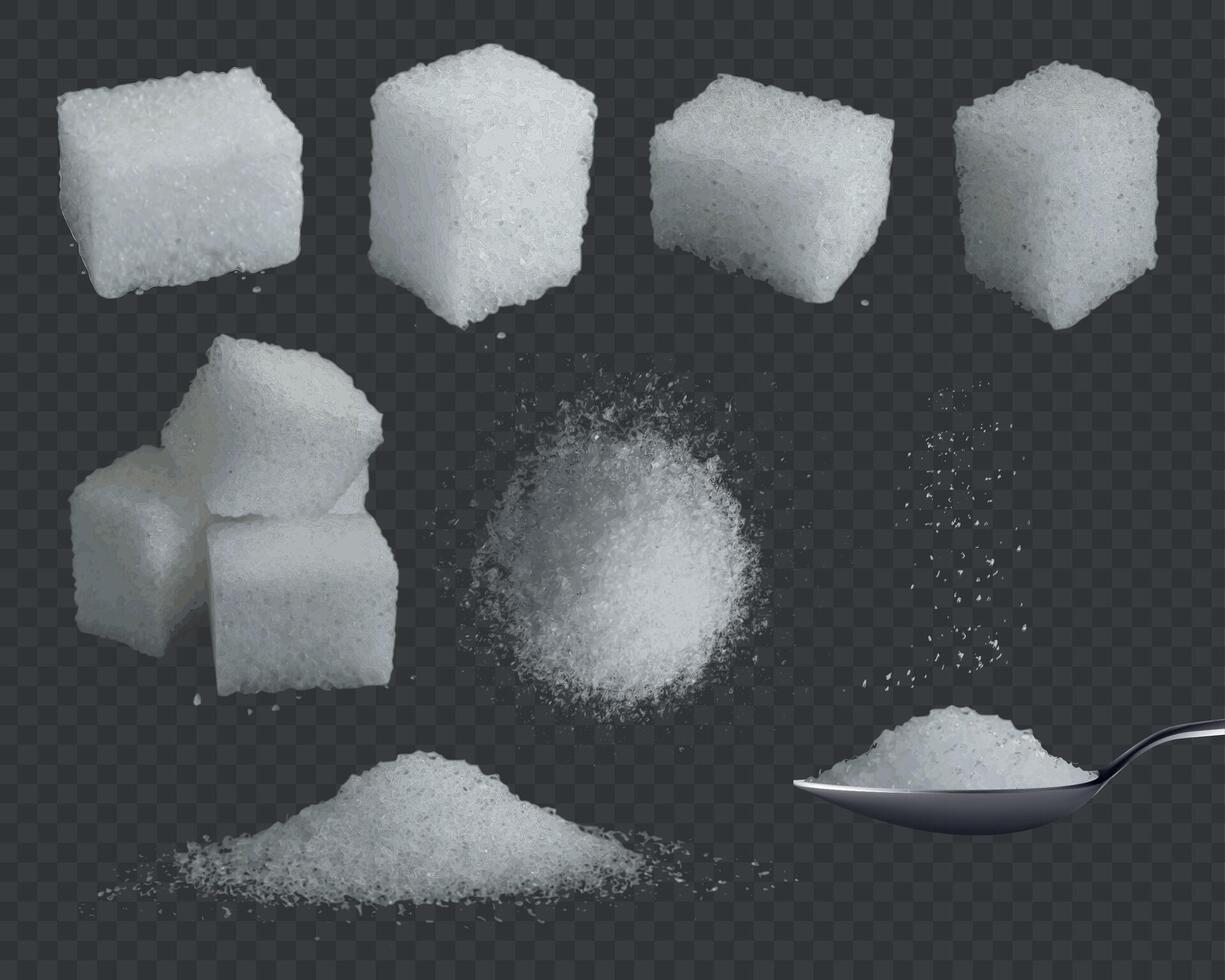 Realistic sugar. 3d glucose in cubes and powder. White grain sugar in spoon, pile top and side views. Sweet fructose seasoning vector set