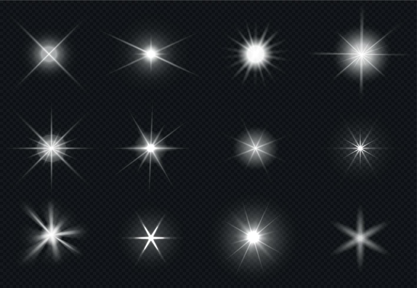 Flares and sparkling stars effect. White light burst, shiny glare. Magic starburst, realistic glow set vector