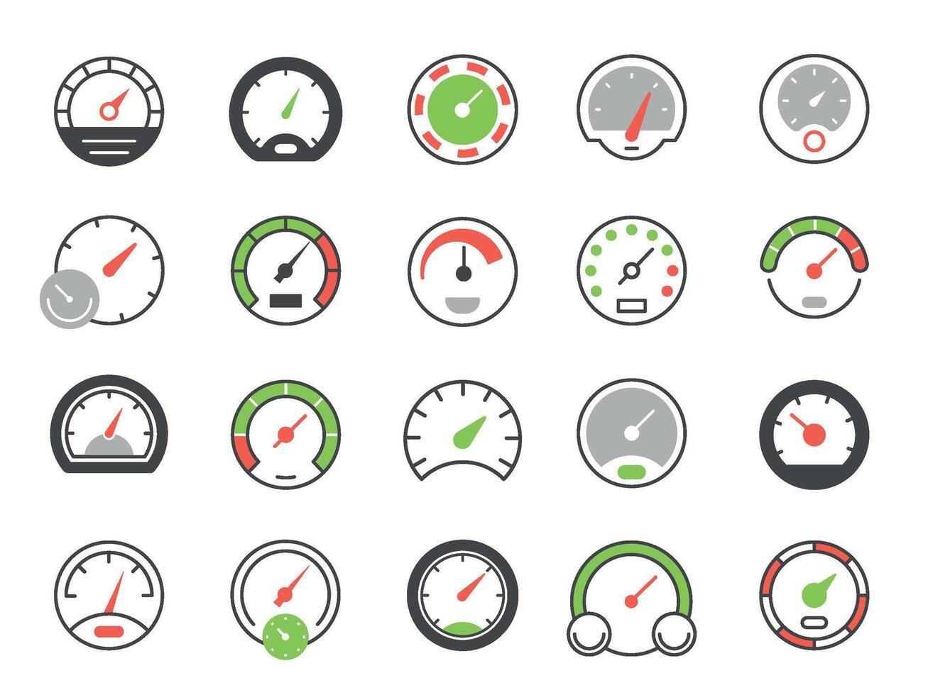 Color speedometer icons. Speed gauge symbol and download indicator. Vector isolated set