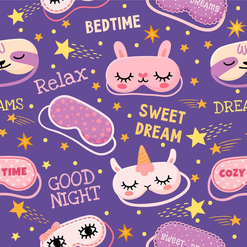 sueño máscara sin costura modelo. linda pijama impresión con mascaras con niña ojos, unicornio, conejito, estrellas y dulce Sueños citas. acogedor vector diseño