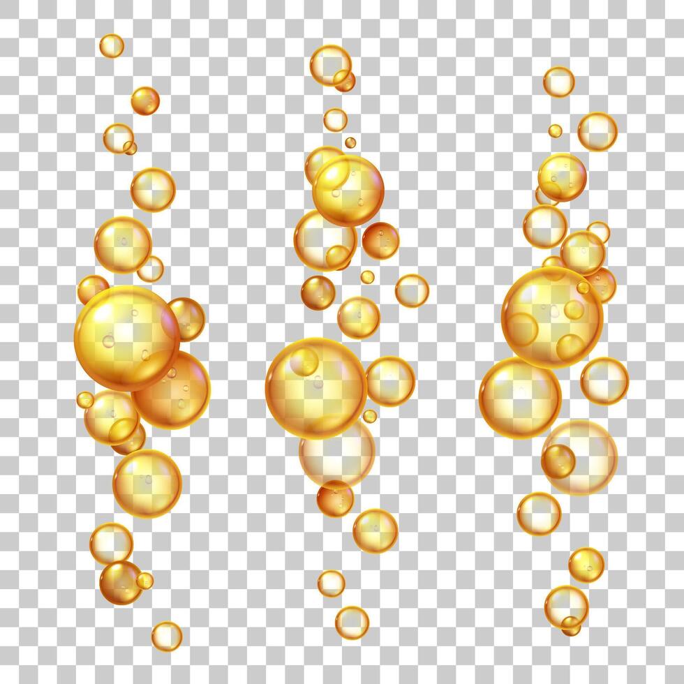 Oil bubbles. Gold cosmetic liquids with keratin, jojoba or collagen. Natural vitamin pills essence. Realistic 3d flying droplets vector set