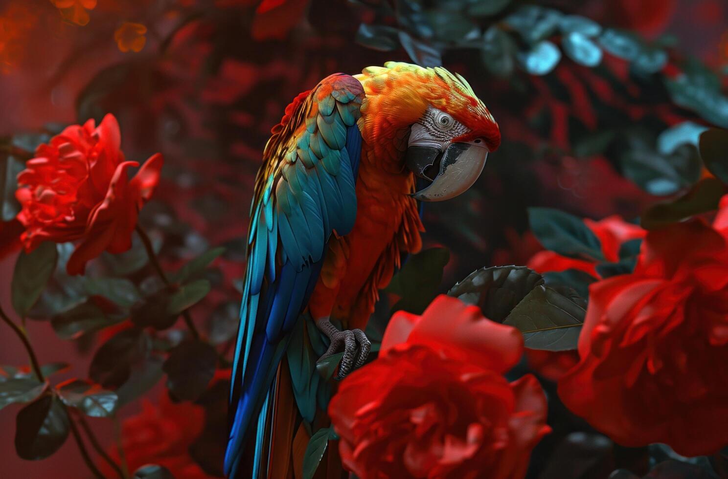 AI generated red roses and a colorful parrot photo
