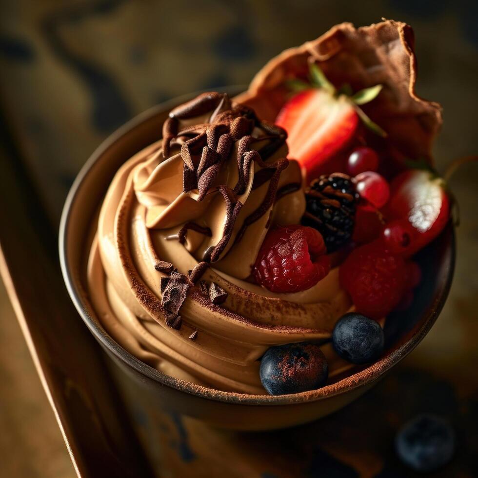 AI generated froyo with chocolate and berries in a bowl photo