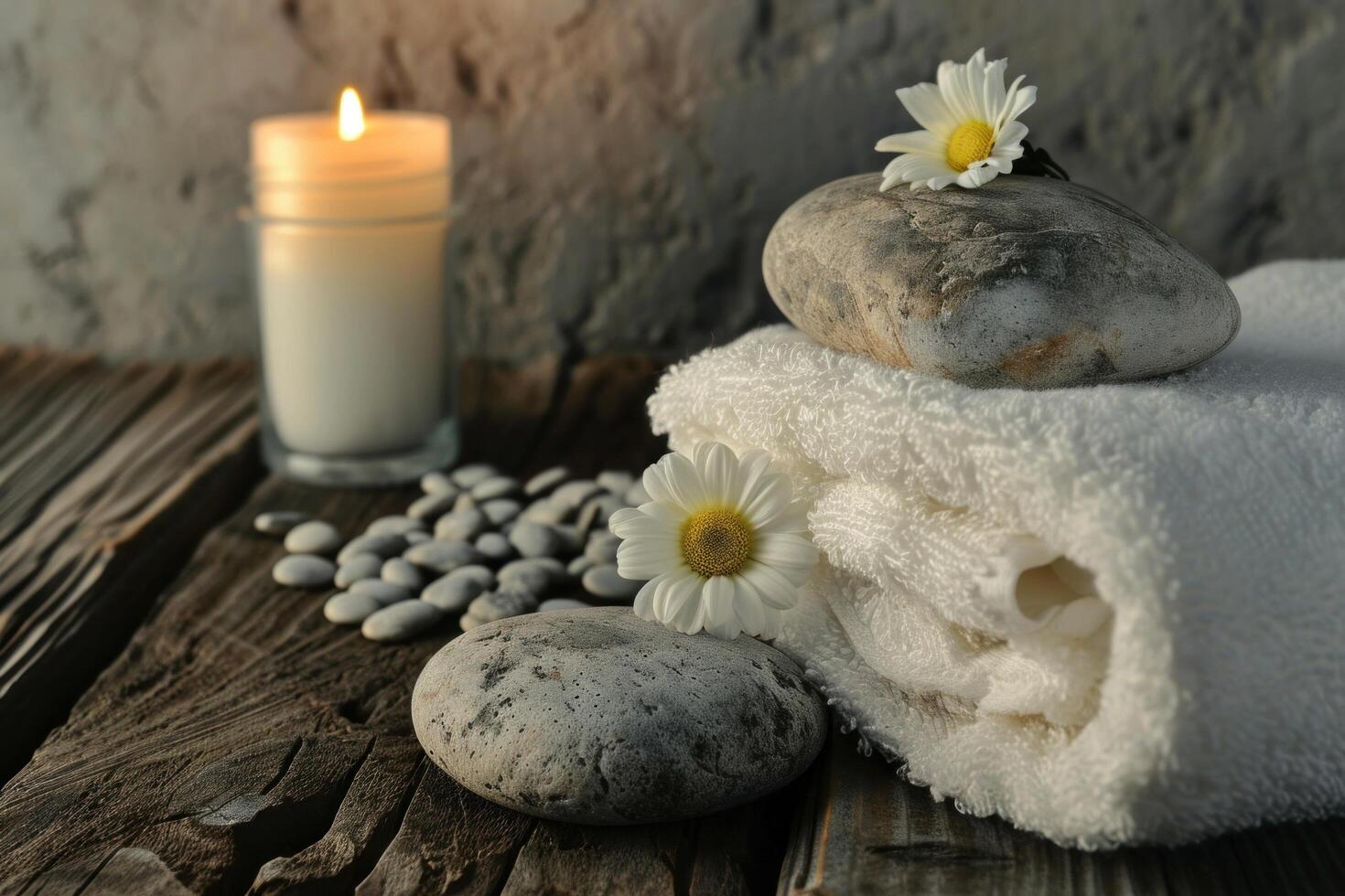 AI generated stone, towel and candle on wooden wooden background photo