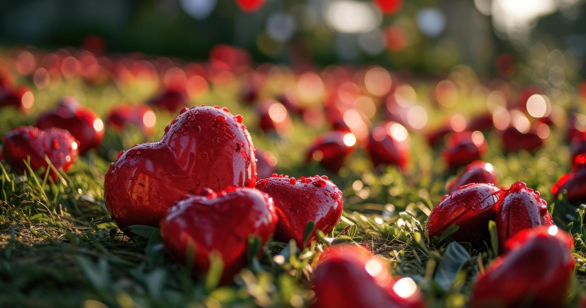 ai generado grande grupo de rojo corazones en el césped, ligero rosado y rojo foto