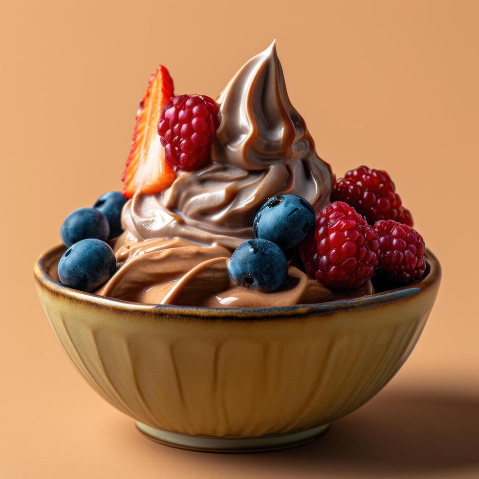 AI generated froyo with chocolate and berries in a bowl photo