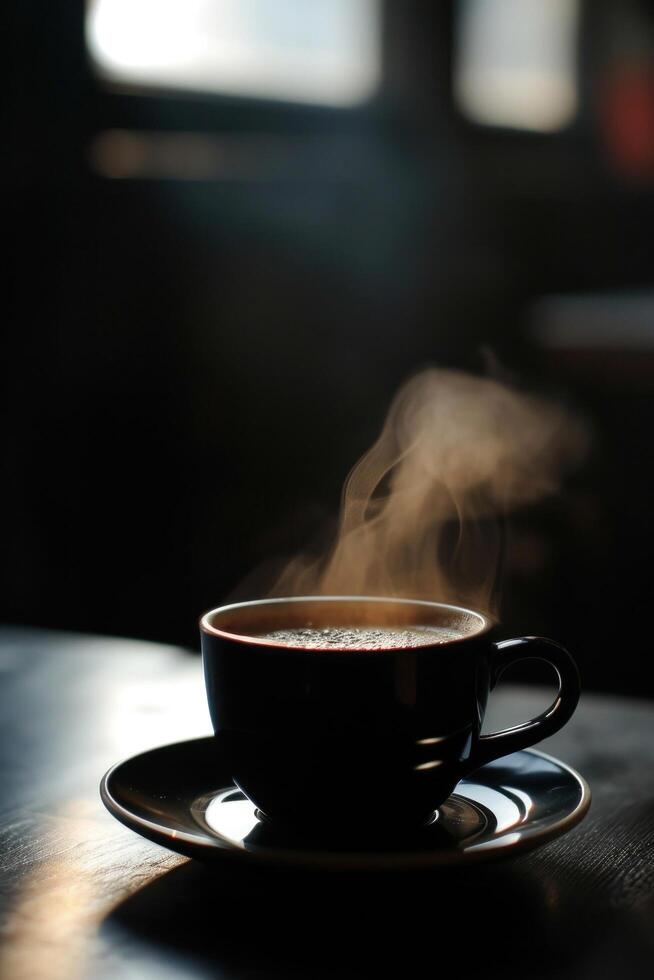 AI generated hot coffee in dark room and black table photo